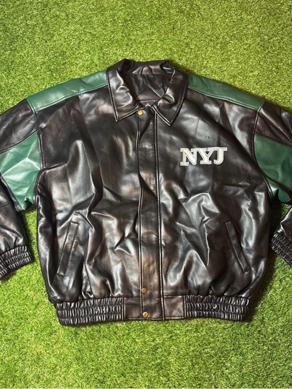 Black leather New York Jets NFL bomber jacket